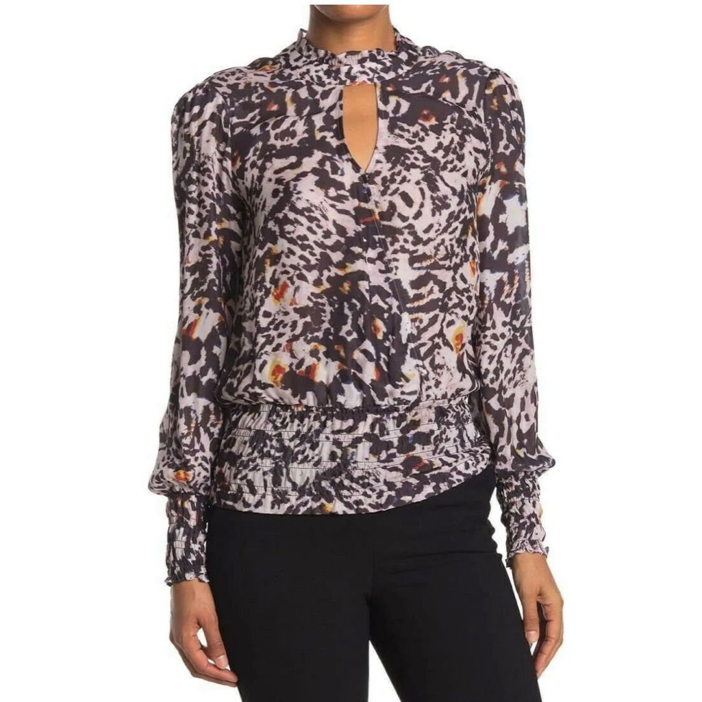 Parker Animal Print Silk Blended Blouse Smocked Ham Long Sleeve Large , Euc .